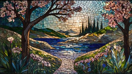 Bright and unusual spring landscape: blooming fields, green grass, vibrant flowers, and sunny skies creating an atmosphere of freshness and nature.