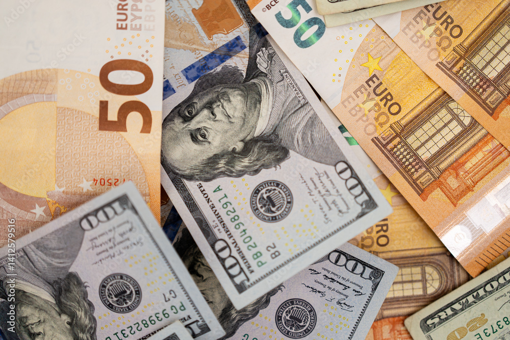 Poster dollar and euro banknotes placed on table illustrate relationship of changing currency exchange rate