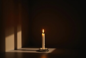 Lone candle flame dances, casting shadows on dark walls, orange, life