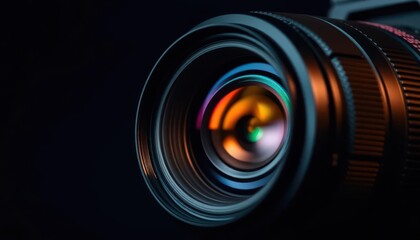 Intricate details of a professional camera lens, sharp focus, dark backdrop, zoom lens, photography