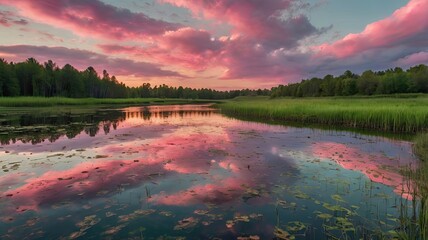 Bright and unusual spring landscape: blooming fields, green grass, vibrant flowers, and sunny skies creating an atmosphere of freshness and nature.