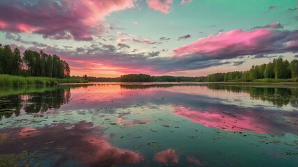 Bright and unusual spring landscape: blooming fields, green grass, vibrant flowers, and sunny skies creating an atmosphere of freshness and nature.