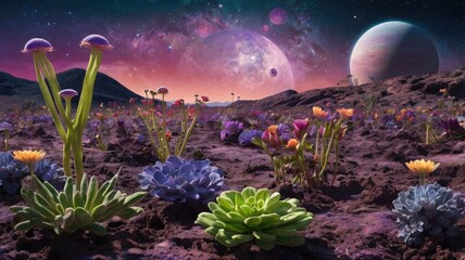 Bright and unusual spring landscape: blooming fields, green grass, vibrant flowers, and sunny skies creating an atmosphere of freshness and nature.