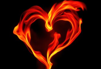 Fiery heart-shaped flame against a deep black background, bright, mystical