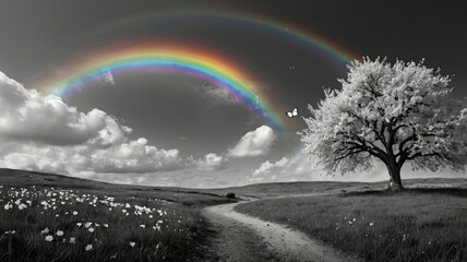 Bright and unusual spring landscape: blooming fields, green grass, vibrant flowers, and sunny skies creating an atmosphere of freshness and nature.