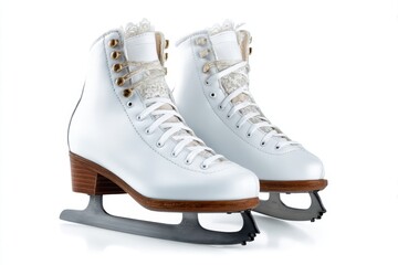 Pair of elegant figure skates with detailed laces suitable for winter sports on a white background