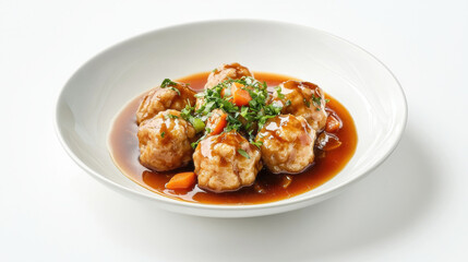 Fototapeta premium Delicious siomay served in bowl, featuring tender meatballs topped with fresh herbs and savory sauce, perfect for satisfying meal