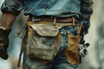 Close-up of a construction worker with a bag and tools kit worn on the waist