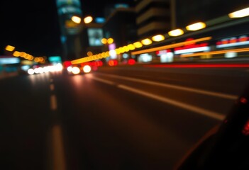 Blurred city lights streak past a speeding car's headlights at night, fast, blur
