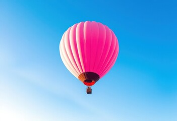 Naklejka premium Pastel pink hot air balloon ascends against a vibrant blue sky, peaceful, image