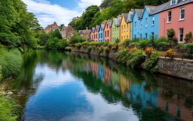 The colorful houses along the River Desay in Edinburgh, Scotland, with trees and greenery on both sides of the river.