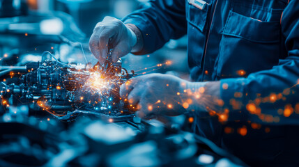 Automotive Repair: Close-up of a Mechanic Welding with Protective Gloves on Machine, Sparks Flying, Auto Work for Blog