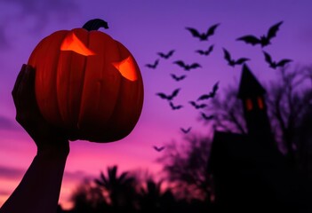 Carved pumpkin held aloft, bats silhouetted against purple twilight sky, purple, sky