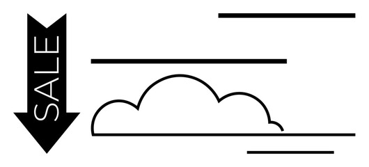Downward sale arrow alongside a minimal cloud and dynamic linear elements. Ideal for e-commerce, offers, promotions, price drops, marketing, retail, and advertising. Flat simple metaphor