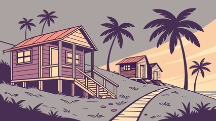 Obraz premium Tropical bungalows at sunset sea beach background banner for game design. Summer coastal wooden houses with flooring way, tropical palm trees silhouettes in dusk sky. Vector cartoon