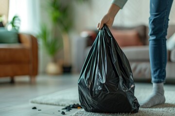 Close-up of a woman's hand holding a black garbage bag for children to pick up trash in the living room at home