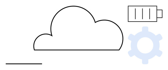 Cloud symbolizes online storage, battery indicates power, gear shows settings. Ideal for technology, storage, power management, performance, networking, computing flat simple metaphor