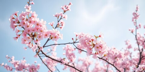 Delicate pink cherry blossoms in full bloom against a soft blue sky, peaceful, petals