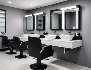 two white sinks for washing hair of a client in a hairdressing salon. beauty salon equipment. washbasins with black chairs in barbershop. . High quality photo.