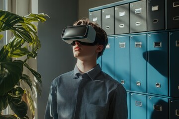 Young man wearing VR headset, experiencing immersive virtual reality in a sunlit room.