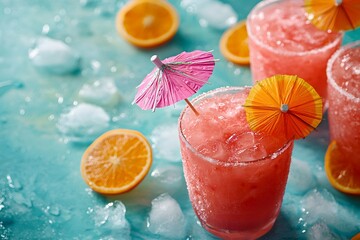 Colorful frozen tropical cocktails with umbrellas for a refreshing summer. Generative AI