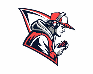 A stylized, profile view of a young male gamer, wearing a red hooded jacket, baseball cap, and headphones.