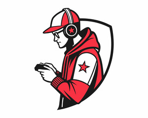 A stylized, profile view of a young male gamer, wearing a red hooded jacket, baseball cap, and headphones.