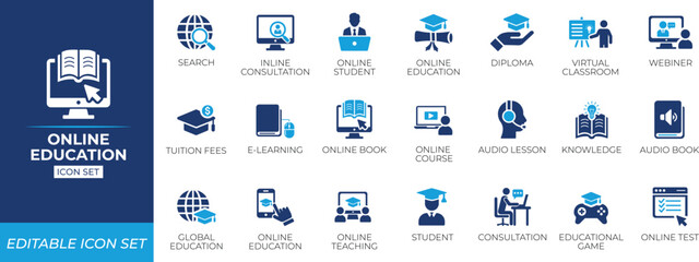 Online education icon set. Solid icon collection.