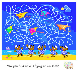 Obraz premium Best labyrinths. Can you find who is flying which kite? Logic puzzle game. Brain teaser book with maze. Kids activity sheet. Educational page for children. Flat vector illustration.