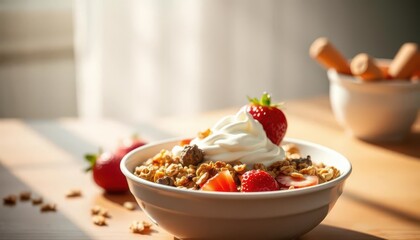 Warm light bathes a bowl of granola, strawberries & yogurt,  dairy,  still life