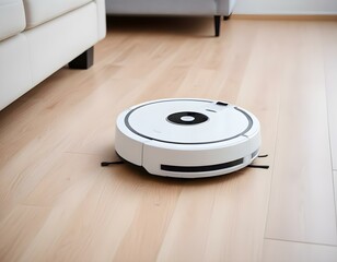 White robotic vacuum cleaner on laminate floor cleaning dust in living room interior. Smart electronic housekeeping technology. smart home.