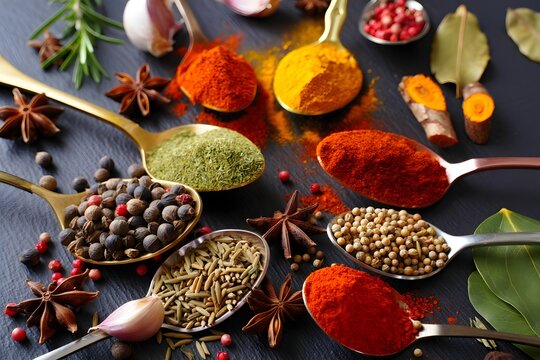 A vibrant display of spices and herbs fills golden spoons, showcasing a diverse collection of aromatic ingredients, evoking the essence of flavor.