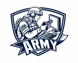 A stylized, graphic illustration of a soldier in military gear, holding a handgun while looking at a computer monitor.