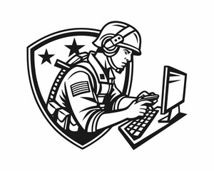A stylized, graphic illustration of a soldier in military gear, holding a handgun while looking at a computer monitor.