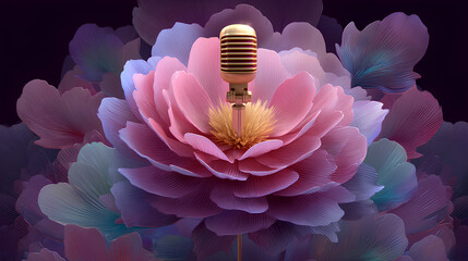 Stylized digital artwork of a microphone blooming into a flower symbolizing soft power influence through peaceful media communication and creative expression
