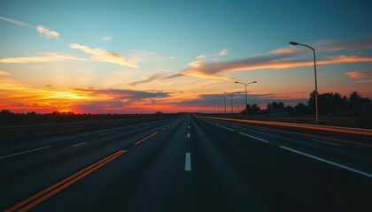 Fototapeta premium Fiery sunset paints asphalt highway with long shadows, image, texture