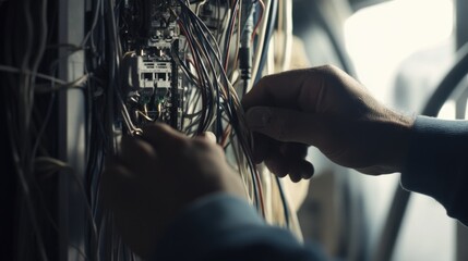 Fototapeta premium Construction worker adjusting electrical wiring in a panel. Featuring skill and precision