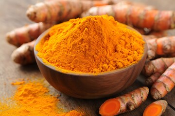A vibrant bowl filled with bright, fresh turmeric powder, complemented by the natural, earthy essence of turmeric roots, creating a visual feast of culinary and health ingredients.