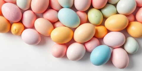 Pastel colored eggs clustered on a pristine white background, spring colors, chicken