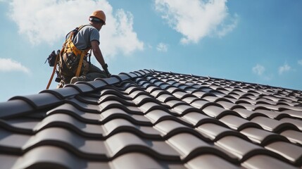 Roofing worker securing tiles on a sloped roof. Featuring focus and craftsmanship