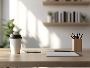 Morning Ritual: An inviting minimalist office setup with a warm cup of coffee, a mobile, and stationery essentials on a light wooden desk with soft sunlight. 