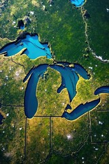 Aerial view of Great Lakes & surrounding states, borders, lake erie, aerial