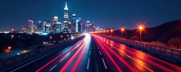Fototapeta premium Blurred cityscape at night, glowing structures, racing lines , fast, energy, cyber