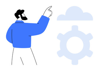 Man interacting with cloud and gear, symbolizing technology, innovation, connectivity, cloud computing, and modern solutions. Ideal for tech, IT, innovation progress digital development teamwork