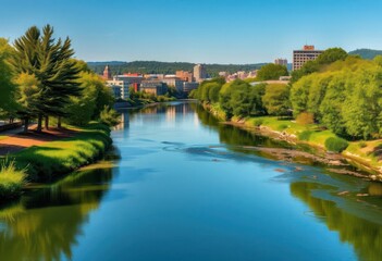 Obraz premium Cedar River's tranquil flow, reflecting cityscape, lush green banks, landscape, image
