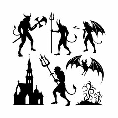 A set of four black silhouette illustrations of demons, each holding a trident.