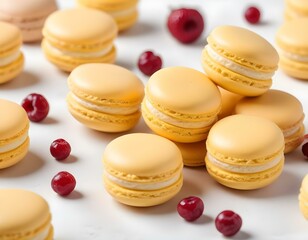 Obraz premium yellow delicious homemade traditional french macarons or macaroons - elegant french dessert. Natural fruit and berry flavors, creamy stuffing. close up on white background.