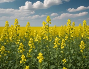 yellow rapeseed on a background of the sky. selective focus on color. canola field with ripe rapeseed, agricultural background.