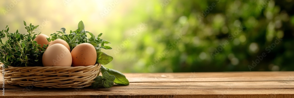 Poster fresh eggs are nestled in a wicker basket alongside fragrant herbs. resting on a rustic wooden table