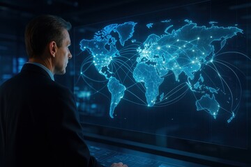 Global Network Visionary: A pensive businessman gazes at a futuristic world map projection, contemplating global connections and opportunities in a high-tech setting.